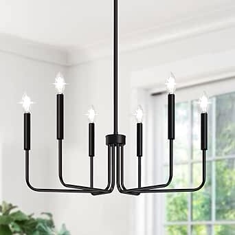 Gold Chandelier, 6-Light Farmhouse Chandelier for Dining Room Lighting Fixtures Hanging, Dining Light Fixtures Industrial Modern Chandelier for Bedroom, Foyer, Hall, Porch, Living Room and Entryway, black