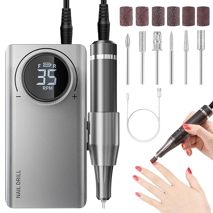 Professional Electric Nail Drill Machine, Portable Rechargeable 35000RPM Nail Drill for Acrylic Gel Nails, Manicure Pedicure Polishing Shape Tools for Home and Salon Use,Grey