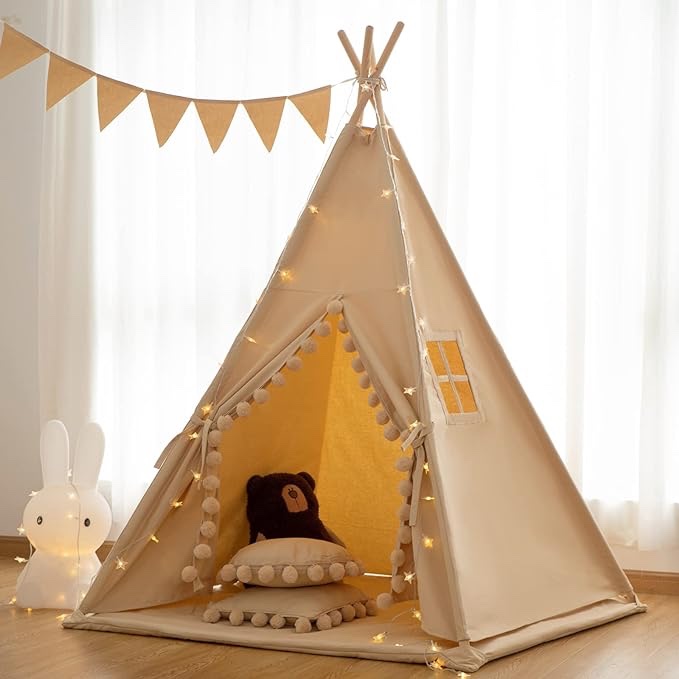 Kids-Teepee-Tent with Lights & Campfire Toy & Carry Case, Natural Cotton Canvas Toddler Tent - Washable Foldable Teepee Tent for Kids Indoor Tent, Outdoor Play Tent for Girls & Boys Off-white Kids Teepee