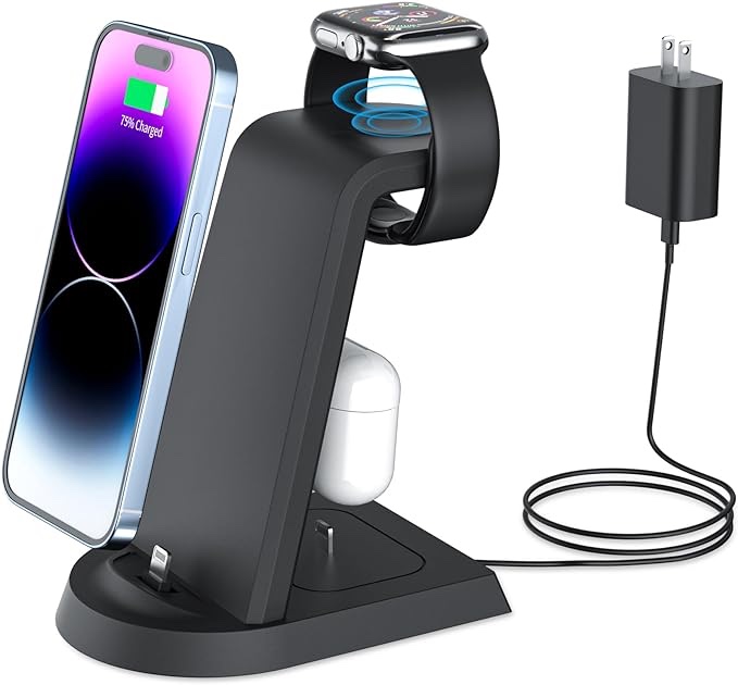 3 in 1 Charging Station for iPhone, Wireless Charger for iPhone 14 13 12 11 X Pro Max & Apple Watch - Charging Stand Dock for AirPods
