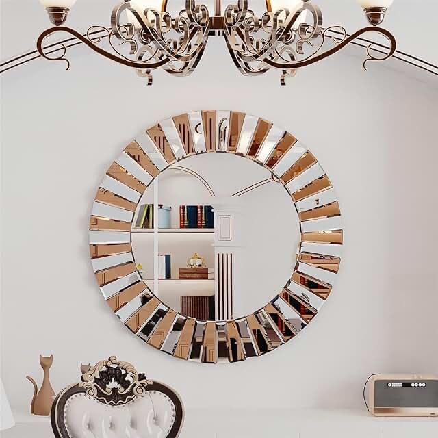 Artloge 24 inch Round Wall Mirror: Large Decorative Silver Glass Vanity with Beveled Crystal Bling Sunburst Frame Edge, Home Modern Art Deco for Livingroom Bathroom Diningroom Bedroom