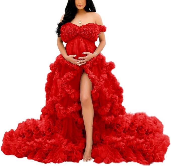 (similar) (unknown size) Puffy Tulle Robe for Maternity Photoshoot Ruffles V Neck Illusion Bridal Lingerie Bathgown Baby Shower Dress
