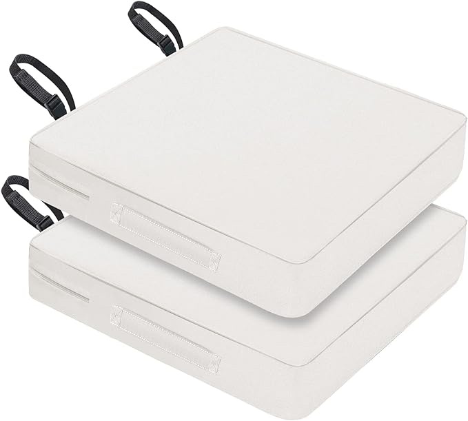 SECLATO Patio Chair Cushion 20x20x3 Inch Waterproof Outdoor Seat Cushions for Patio Furniture 5-Year Color Fastness Garden Sofa Couch Chair Pads with Handle and Adjustable Straps(2 Pack, Cream)