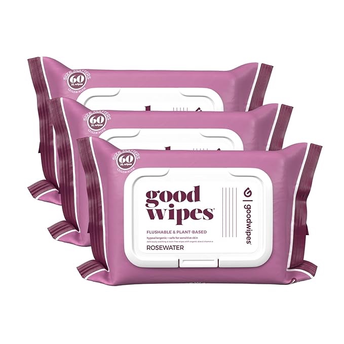 (4 pack ) Goodwipes Flushable Butt Wipes Made w/Soothing Botanicals & Aloe – Soft & Gentle Wet Wipe Dispenser for Home Use, Septic & Sewer Safe – Largest Adult Toilet Wipes – Rosewater, 480 count