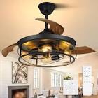 NEWORB 42Inch Retractable Ceiling Fans with Lights Remote Control Black Caged Ceiling Fan Farmhouse vintage Industrial Ceiling Fan with Light for Patio Kitchen Bedroom Living Room