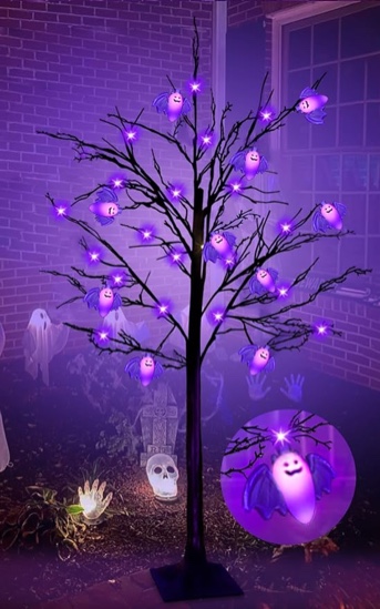 4 Ft Purple Halloween Lighted Tree Decoration with Timer 48 LED & 3D 5 Eyeballs & 5 Bat Lights DIY Ornaments Black Spooky Tree Halloween Decor Home Indoor Outdoor Garden (Plug in/4 Stakes)