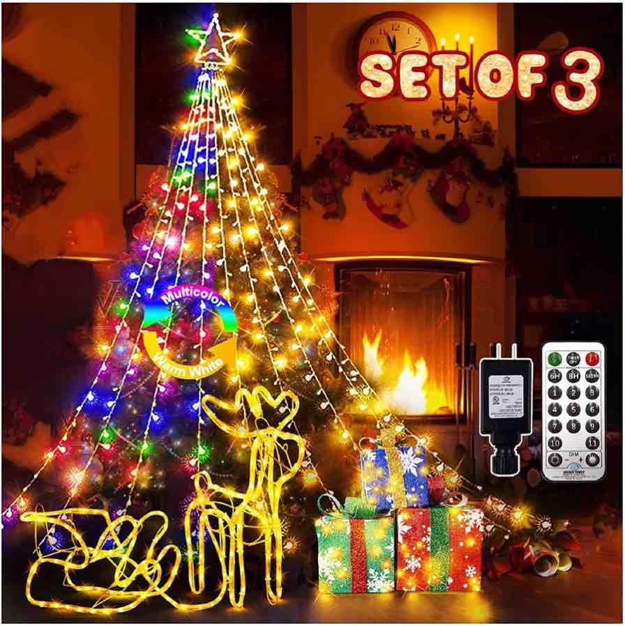 5 Pack Christmas Lights Decorations Outdoor, 200 LEDs Christmas Reindeer + 74 LED 3 Pack Lighted Gift Boxes + 11.8 ft 344 LED Waterfall Tree Lights with Topper Star String Lights Christmas Gift Set