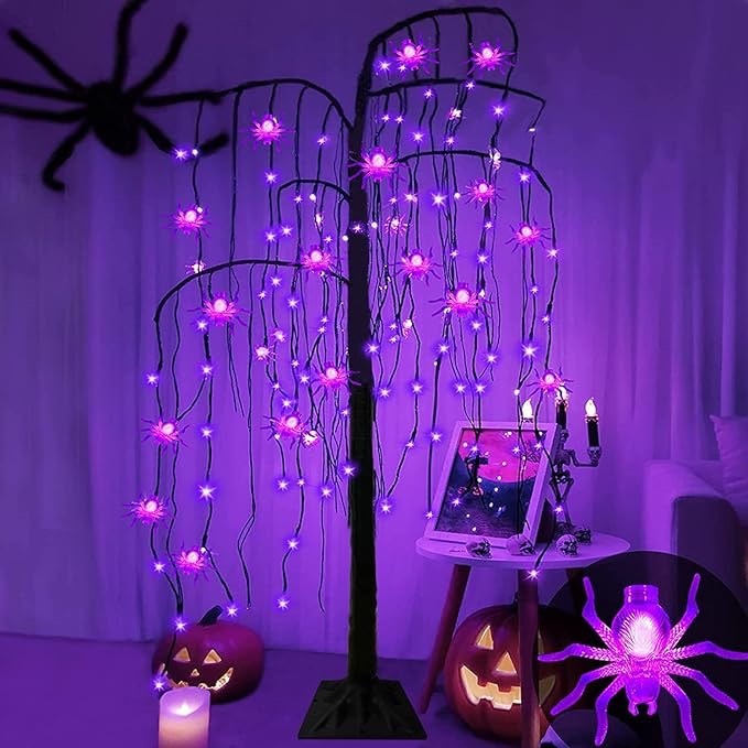 4ft 84 led black Halloween willow tree decoration with timer 16 spider purple lights 