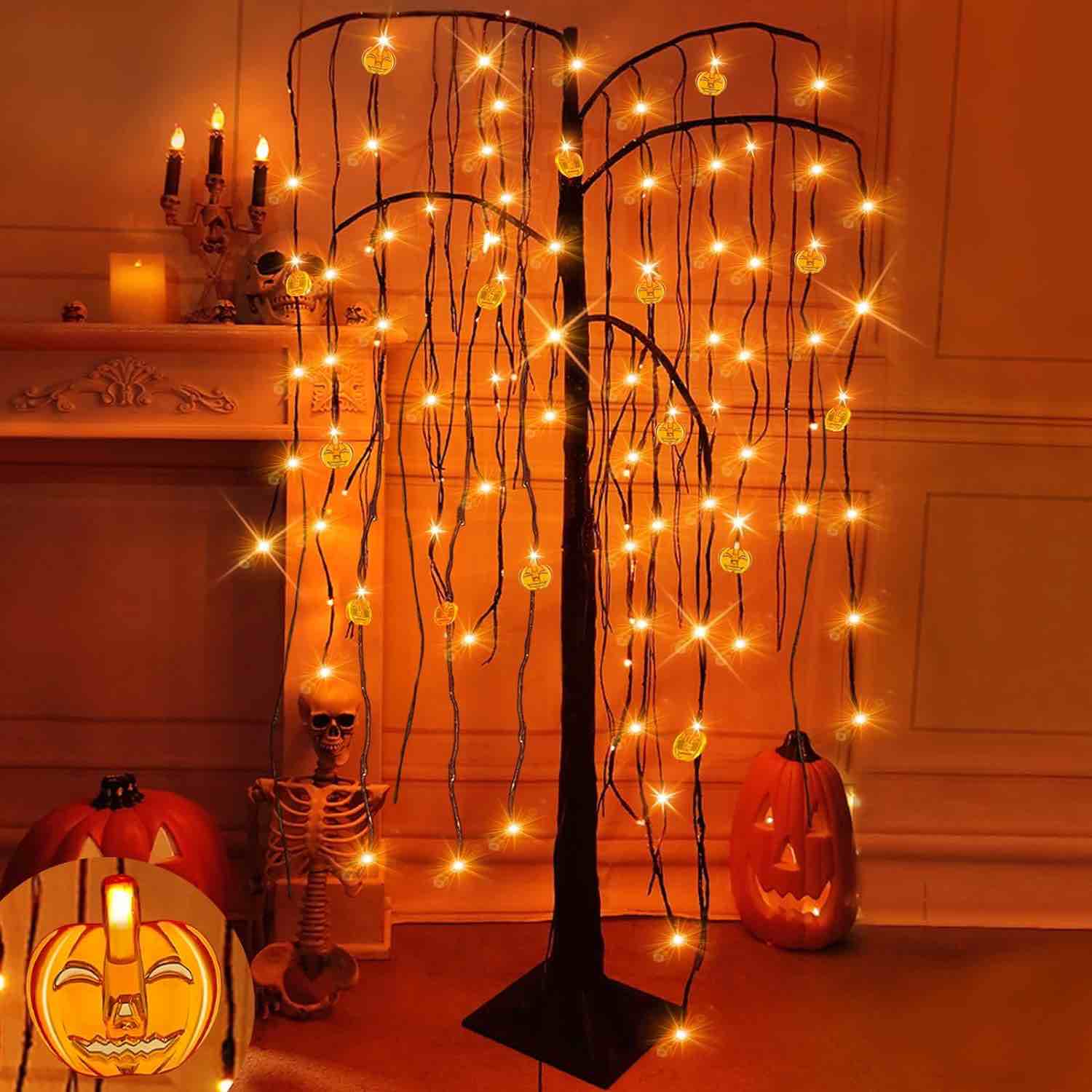 4 Ft Halloween Willow Tree with Timer 84 Orange LED Lights 16 Jack-O-Lantern Pumpkins Ornaments Halloween Decorations, Black 