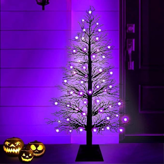 4 Ft 70 LED Halloween Black Tree Decor with Timer Waterproof Battery-Operated Purple Lighted Artificial Spooky Black Tree Bendable Twig Halloween Decorations for Outdoor Indoor Home Yard Party Garden