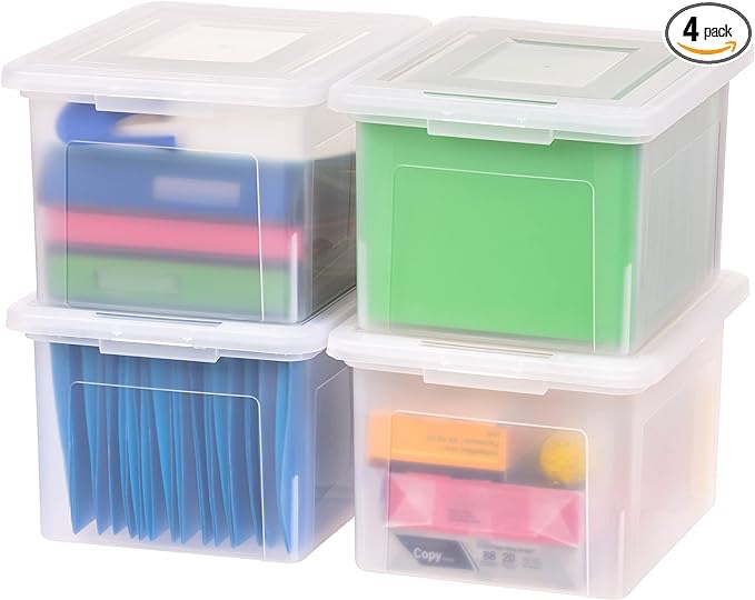 IRIS USA Letter & Legal Size Plastic Storage Bin Tote Organizing File Box with Durable and Secure Latching Lid, Stackable and Nestable, 4 Pack, Clear