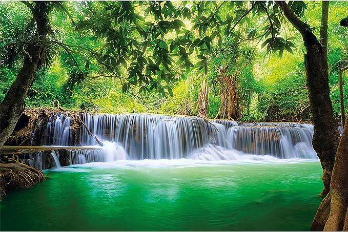Poster – Waterfall Feng Shui – Picture Decoration Nature Jungle Paradise Thailand Asia Travel Wellness Spa Yoga Meditation Image Photo Decor Wall Mural (55x39.4in - 140x100cm) set of 2 pcs 