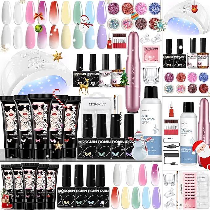 Morovan Poly Gel Nail Kit - with Drill and 48W UV/LED Lamp Professional Extension for Beginners Luminous Everything Bulide Kits Art Tools Starter Supplies