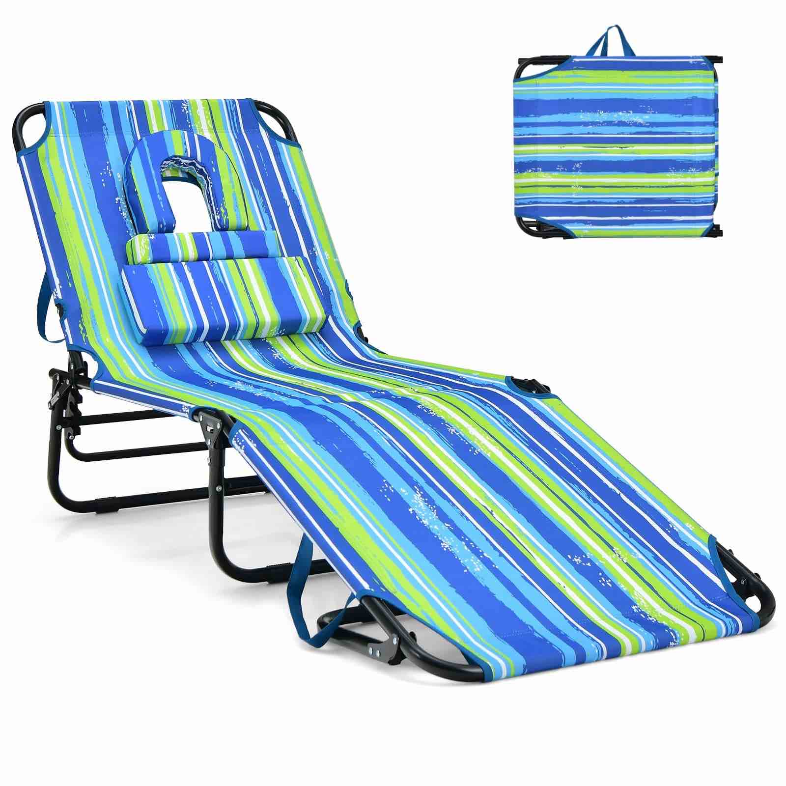 GYMAX Tanning Chair, 350lbs Beach Lounge Chair with Face Hole, Detachable Washable Pillow & Carry Strap, Adjustable Folding Chaise Lounge, Layout Chair for Outside, Patio, Poolside, Lawn (1, Stripe)