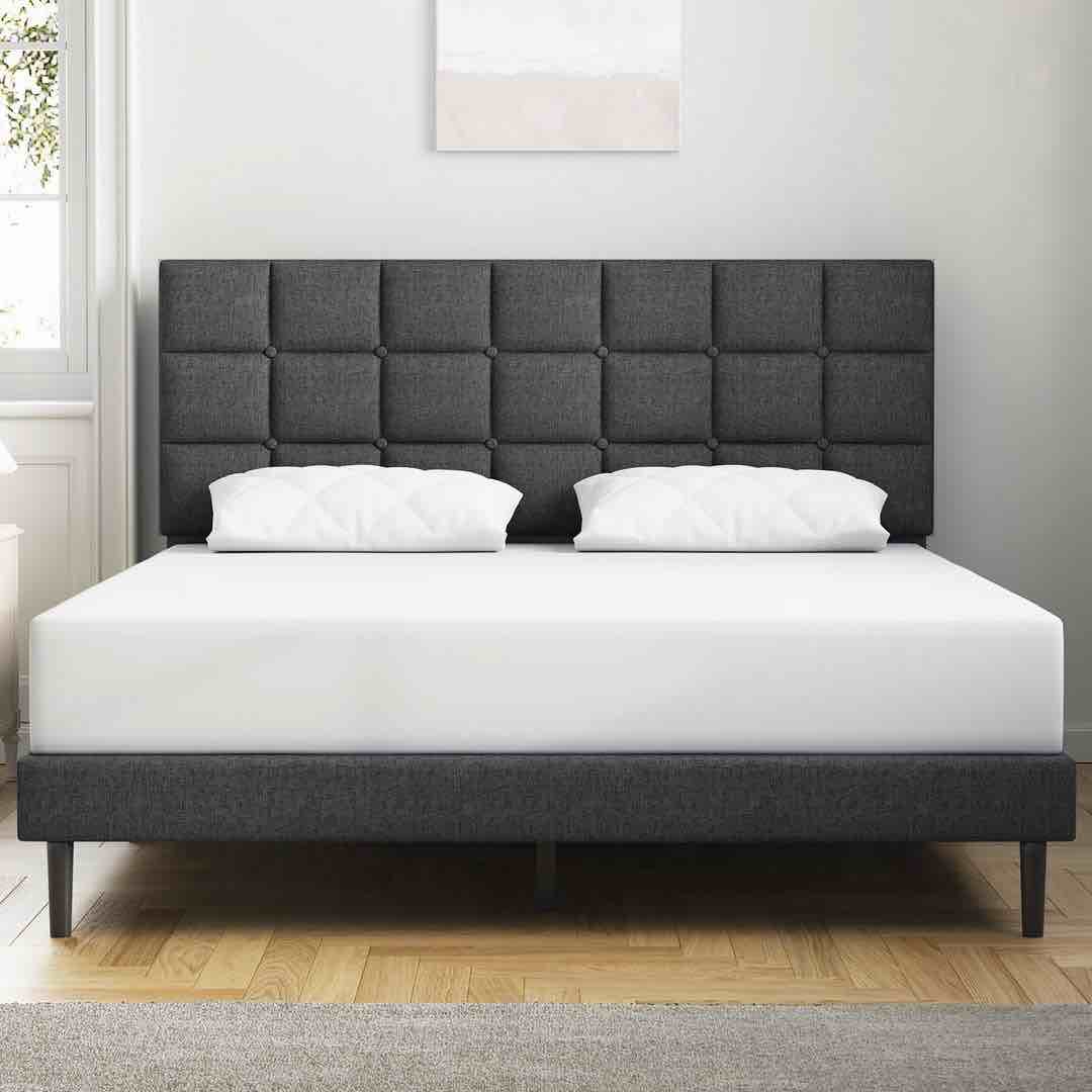 Molblly - Arne Bed Frame Upholstered Platform with Headboard, Dark Grey, Twin
