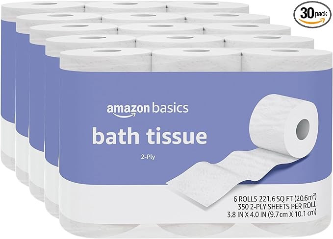 Amazon Basics 2-Ply Toilet Paper, 30 Rolls = 120 Regular Rolls, Unscented, 350 Sheet, (Pack of 30)