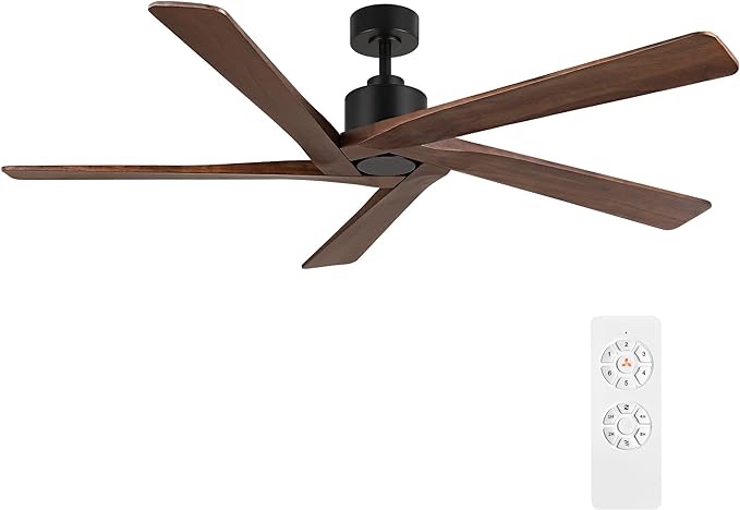 WINGBO 54 Inch DC Ceiling Fan without Lights, 5 Reversible Carved Solid Wood Blades, 6-Speed Noiseless DC Motor, Ceiling Fan No Light with Remote, Matte Black Finish with Walnut Blades, ETL Listed