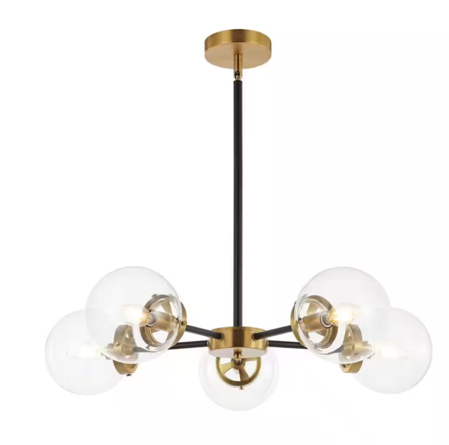 5-Light Black Modern Chandelier, Sputnik Pedant Light Fixture with Large Clear Glass Globe Shade