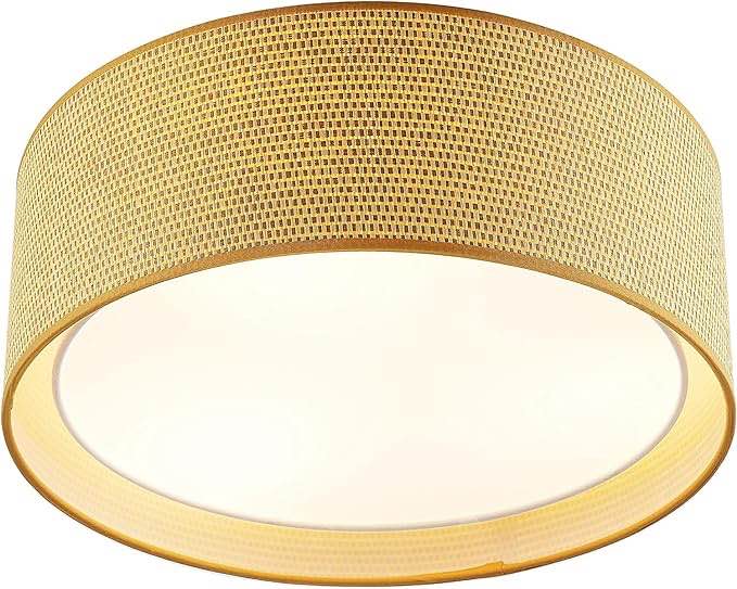 20" Modern 5-Light Flush Mount Ceiling Light Fixture with Fabric & Acrylic Double Drum Shade for Bedroom Living Room Dining Room Hallway Entryway, Flaxen
