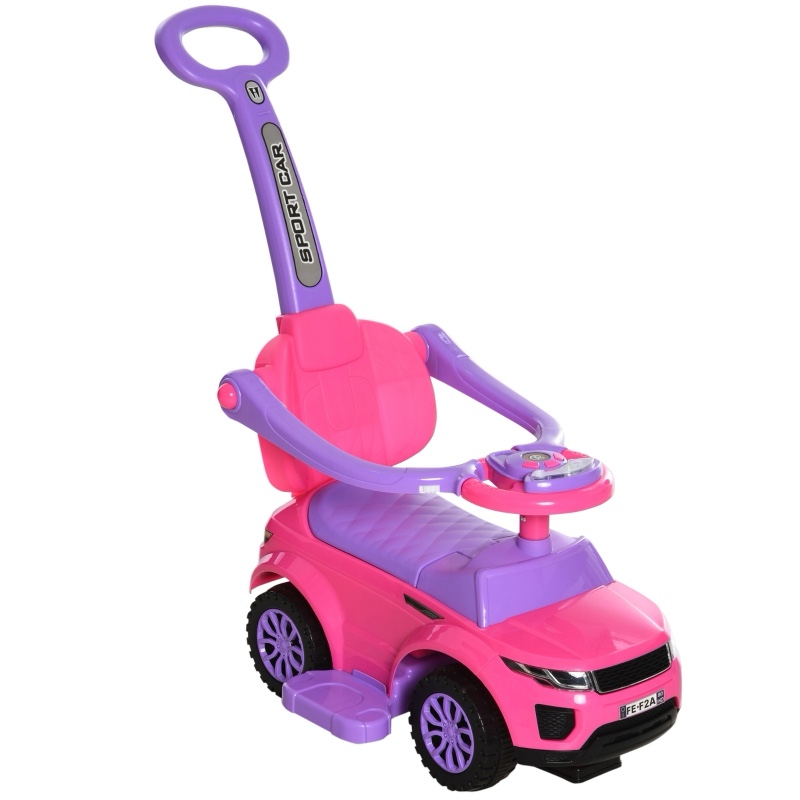Aosom 3 In 1 Push Cars for Toddlers Kid Ride on Push Car Stroller Sliding Walking Car with Horn Music Light Function Secure Bar Ride on Toy for Boy Girl 1-3 Years Old Pink