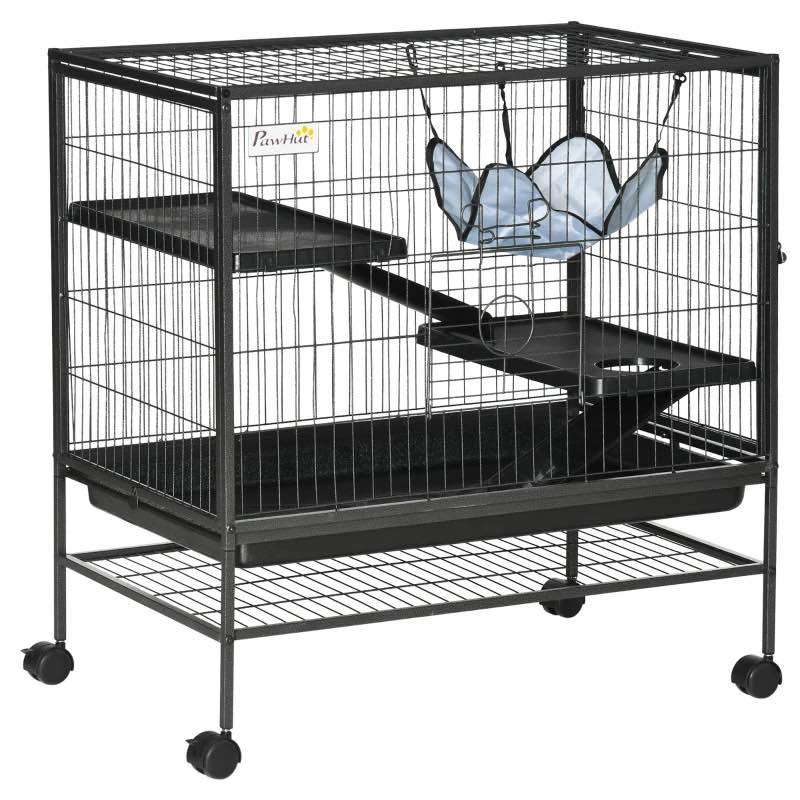 PawHut Small Animal Cage with Wheels, Pet Playpen for Rat, Syrian Hamster, Kitten, Ferrets, Chinchillas with Bottom Storage Shelf, Removable Tray, Ramp, 31.5" x 20.5" x 33.1"