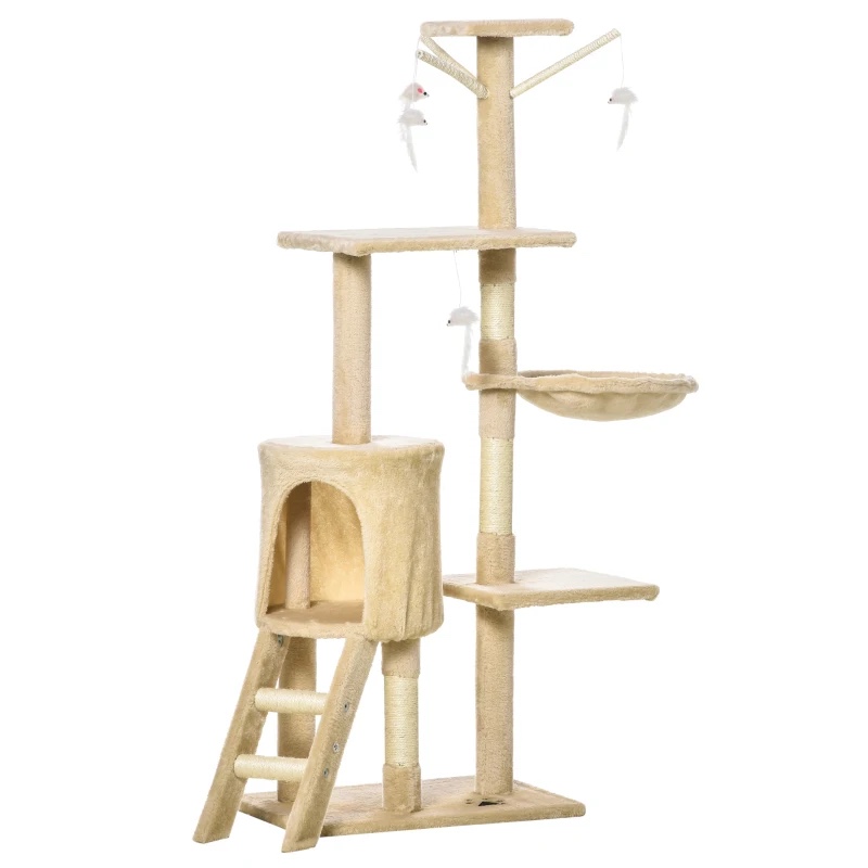 PawHut 52" Cat Tree Tower, Multi-Level Cat Condo, Plush Sturdy Interactive Kittens Activity Tree House with Scratching Post, Beige