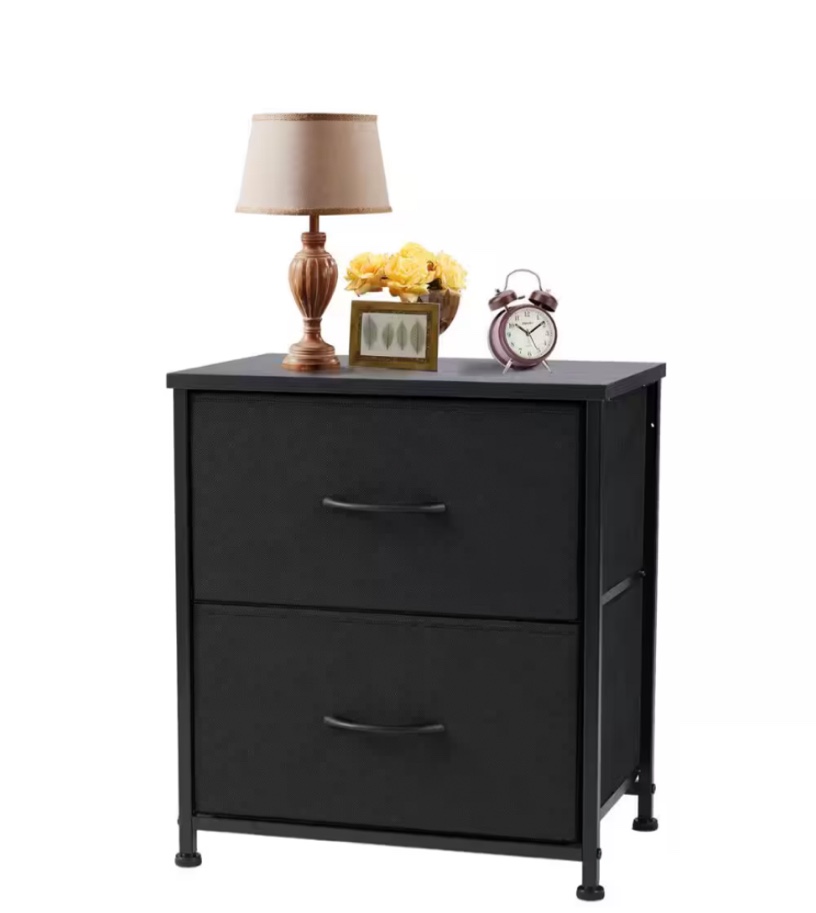 Black 18 in. W 2-Drawer Dresser with Fabric Bins and Steel Frame Nighstand Chest of Drawers