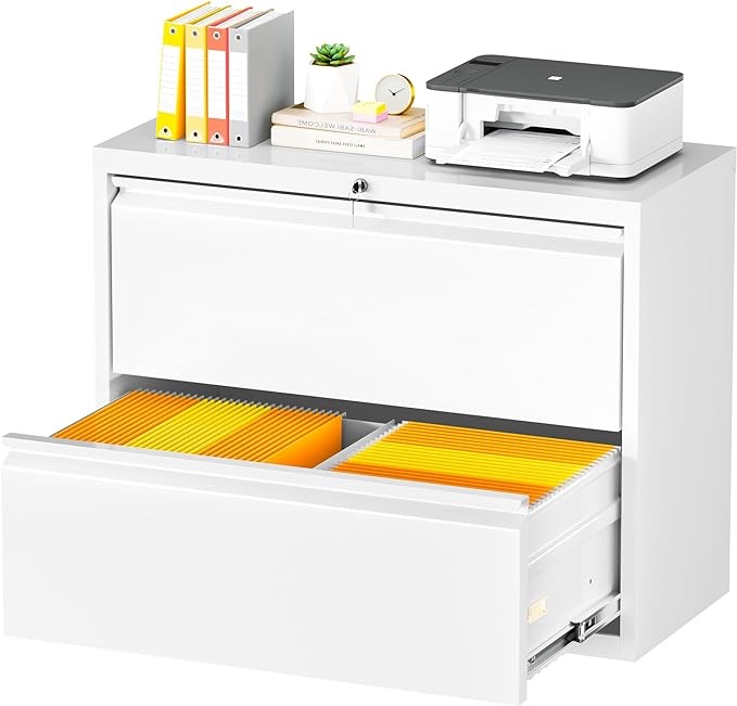 Drawer Lateral File Cabinet with Lock, 36" W White Lateral Filing Cabinet, Locking Metal Steel Wide File Cabinets for Home Office