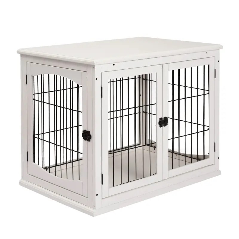 PawHut Dog Crate Furniture, Small Dog Cage End Table with Two Opening Sides, Lockable Door, Puppy Kennel Indoor, Cute and Decorative, Pure White