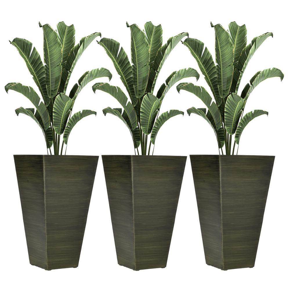 28 in. Tall Outdoor Planters, Set of 3 Large Taper Planters, Faux Wood Plastic Flower Pots, Dark Brown