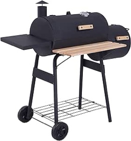 Outsunny 48" Portable Barrel Charcoal BBQ Grill, Steel Outdoor Barbecue Smoker with 232 Square Inches Cooking Space, Storage Shelf, Wheels for Garden Camping Picnic, Black