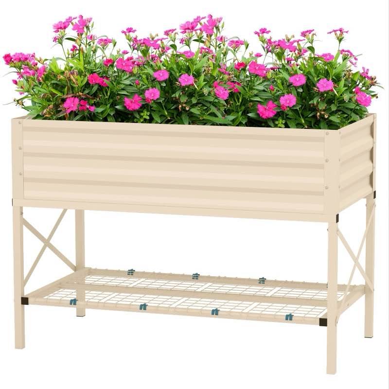 Outsunny Galvanized Raised Garden Bed, Metal Planter Box with Legs, Storage Shelf and Bed Liner, Cream