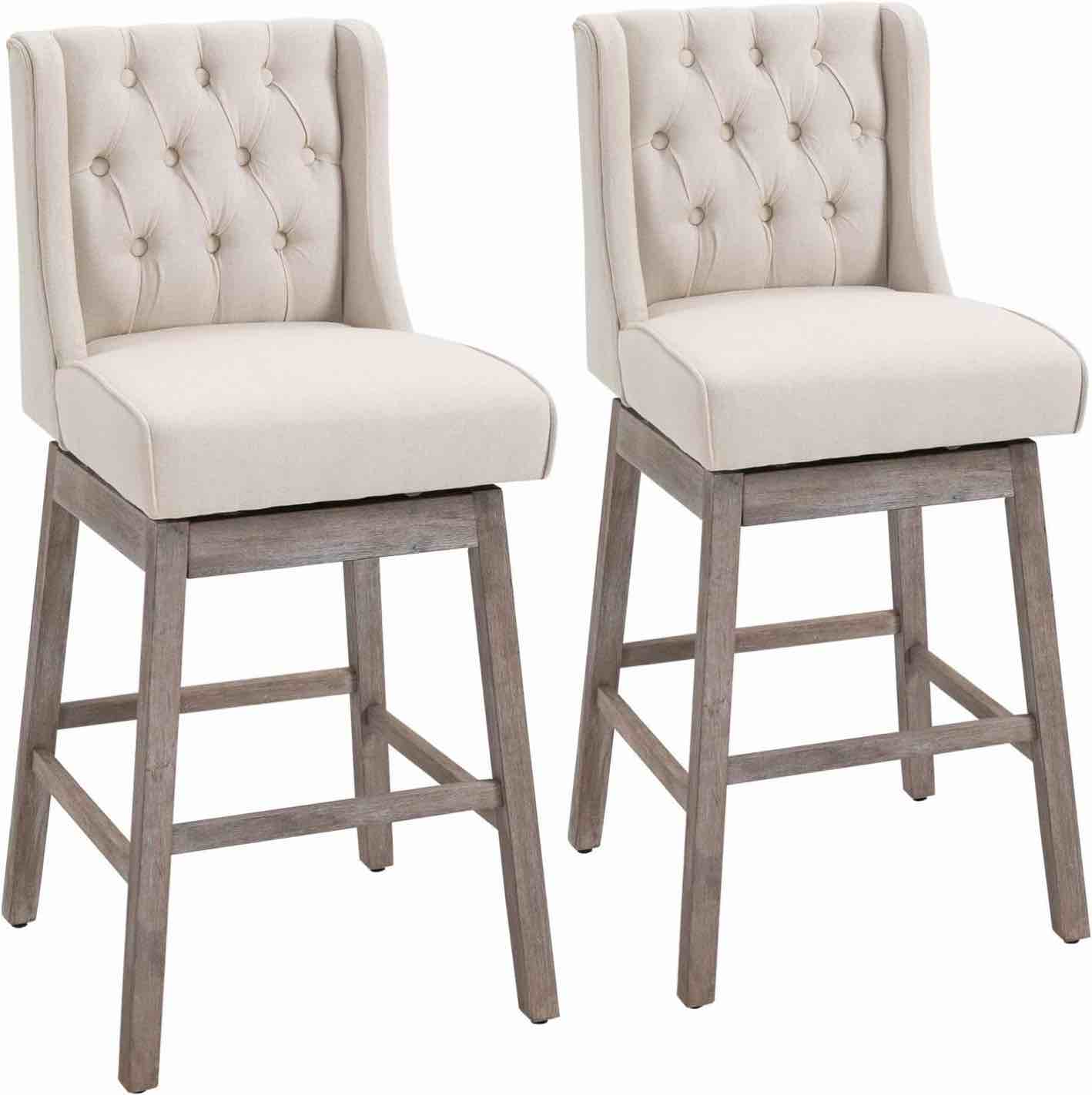 HOMCOM Bar Height Bar Stools Set of 2, 180 Degree Swivel Barstools, 30" Seat Height Bar Chairs with Solid Wood Footrests and Button Tufted Design, Beige