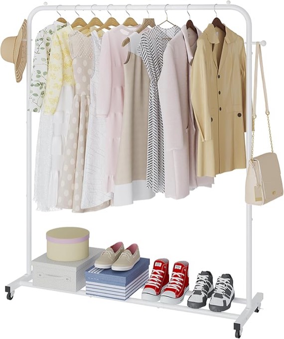 Boeeoan Garment Rack, Freestanding Simple Single Pole Clothes Rack With Wheels, Coat Rack, Multi-functional Rolling Clothing Storage Rack With 2 Hooks for Bedroom, Laundry Room, Living-room, White