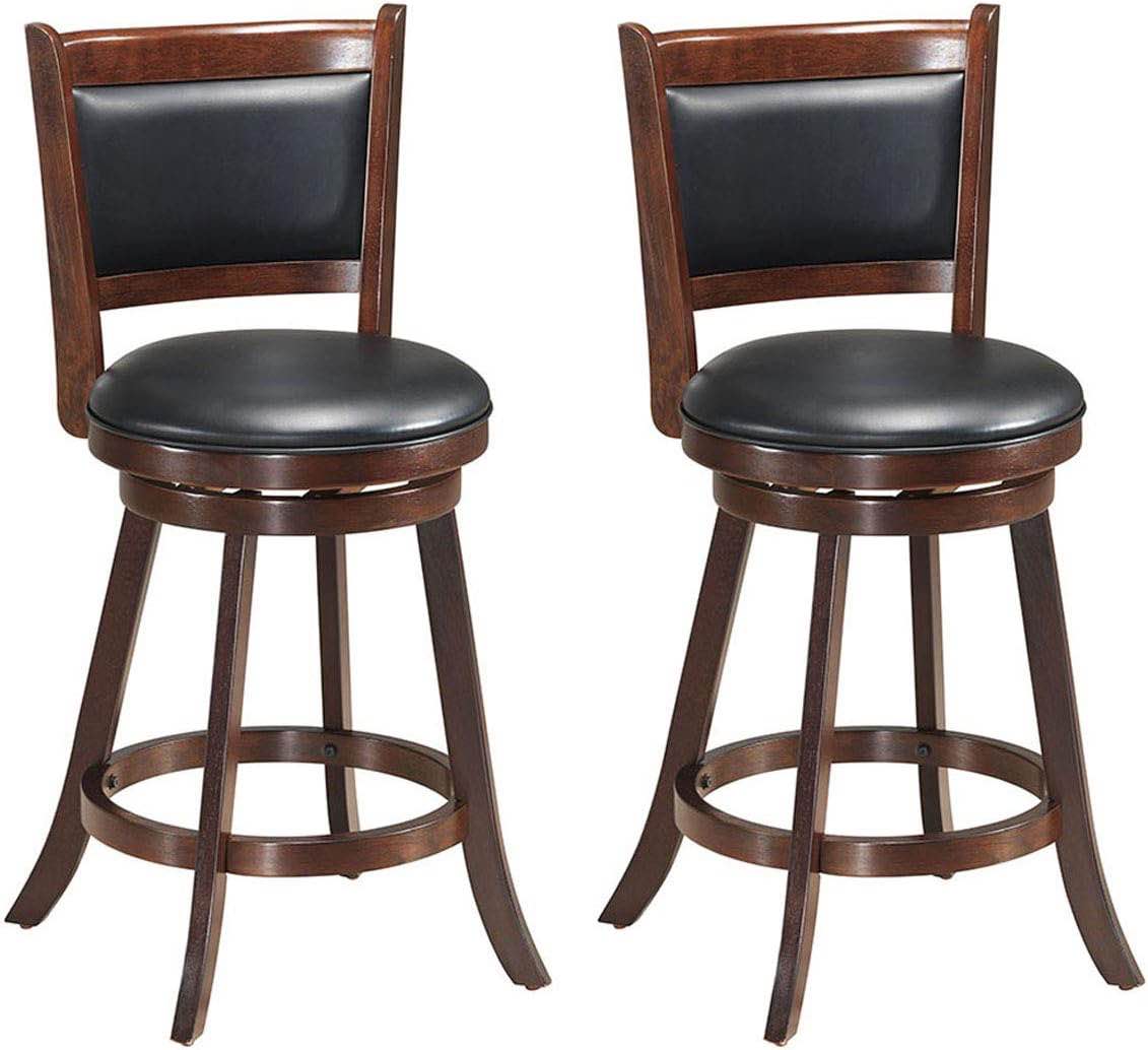 ERGOMASTER Bar Stools Set of 2, 24” Counter Height Bar Stools for Kitchen Island, Rubber Wood, Swivel Barstools with Backs for Pub, Bar, Restaurant, Brown & Black