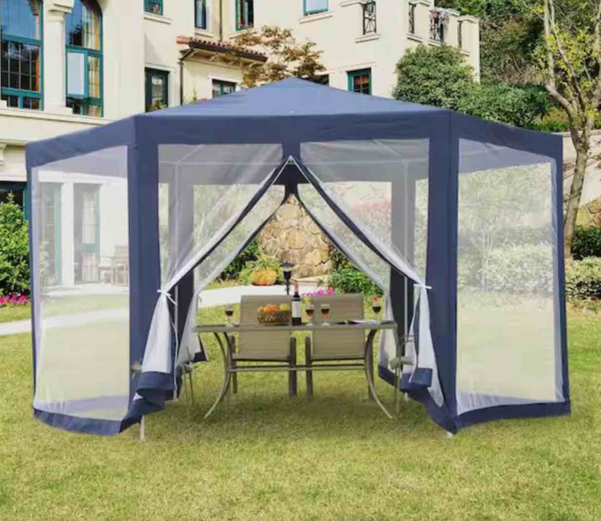 8.2 ft. Outdoor Hexagon Sun Shade Steel Polyester Canopy Tent with Protective Mesh Walls and UV Sun Protection, Blue