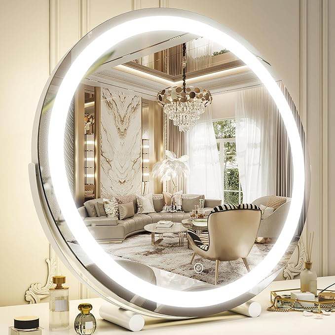 Vierose [2023 Newest Upgraded 18 Inch Large Vanity Mirror with Lights, Round LED Makeup Mirror, Light Up Mirror for Bedroom Tabletop, Smart Touch Control 3 Colors Dimmable, 360Â° Rotation (White)