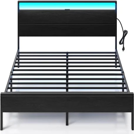 Rolanstar Bed Frame with Power Outlets& Led Lights, 14 Inch Metal Platform Bed Frame with Heavy Duty Steel Slat Support, Storage Space Beneath Bed, No Box Spring Needed, Noise Free, Black, Twin
