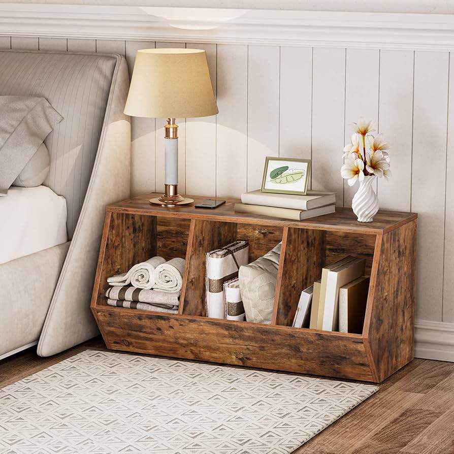 HOOBRO Toy Storage Cubby, Kids Bookshelf, Stackable 3-Bin Toy Storage Cabinet, Bookcase Footboard, Children's Toy Shelf, Suitable for Children's Room, Playroom, Hallway, Rustic Brown BF30CW01