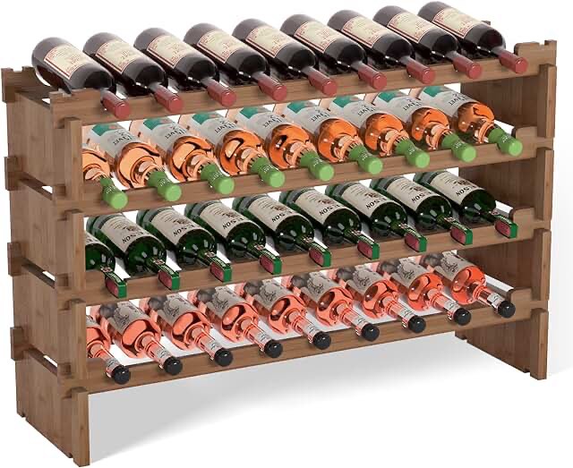 Domax Wine Rack Freestanding Floor - 4 Tiers Stackable Wine Rack 36 Bottle Wine Bottle Holderï¼Œ Bamboo Wine Holder Wine Storage for Kitchen, Bar, Pantry, Wine Cellar and Countertop (Walnut)