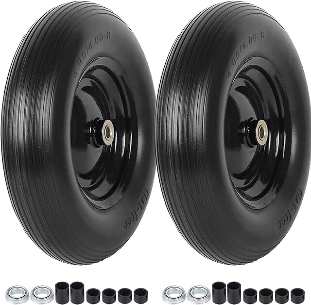 (2-PACK) 4.80/4.00-8" Tire and Wheel - Universal Fit 16" Flat Free Solid Wheelbarrow Tires with 3" Hub and 5/8" Bearings â€“ Extra Adapter kit includes 3/4" Ball Bearings, 1" and 1/2" Nylon Spacers