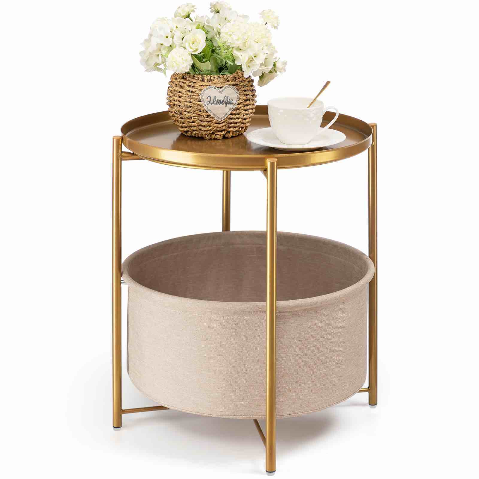 danpinera Round Side Table with Fabric Storage Basket, Metal Side Table Small Bedside Table Nightstand with Removable Tray Top for Living Room, Bedroom, Nursery, Laundry, Gold