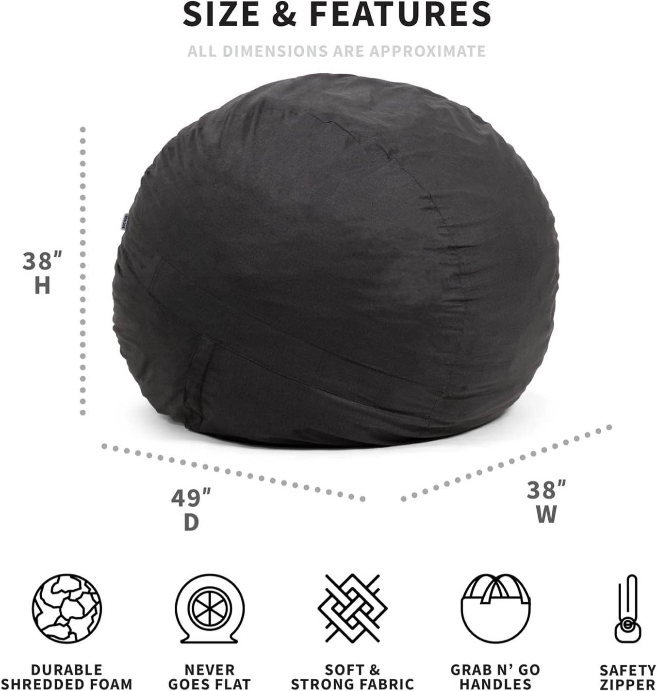 Big Joe Fuf Large Foam Beanbag Chair, Black Lenox