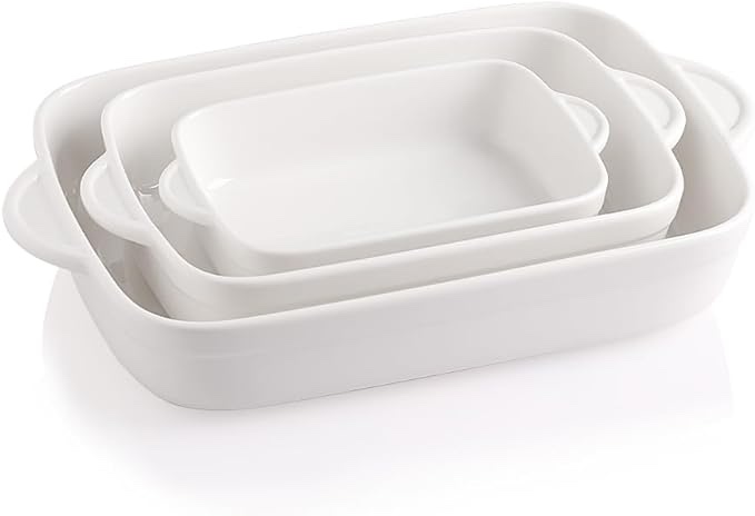 Sweejar Casserole Dish for Oven, Ceramic Non-Stick Roasting Baking Dish Sets of 3, Rectangular Lasagna Pan Deep for Cooking, Cake Dinner, Banquet, Daily Use, 13 x 9.4 Inche Bakeware with Handles (White)