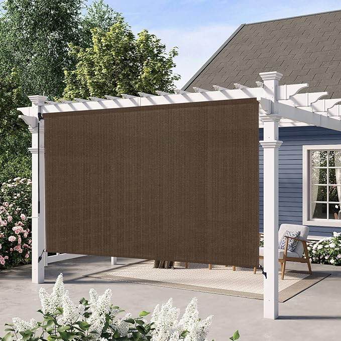 Artpuch Outdoor Roller Shade 8' W x 6' H Fabric Blind Mocha Cordless Roll Up Shade, Wand Operation Exterior Roller Shade Cloth for Patio Porch Gazebo
