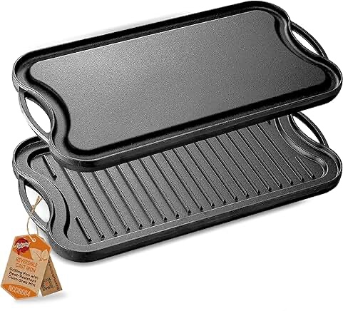NutriChef Reversible Plate-PFOA & PFOS Free Oven Safe Flat Cast Iron Skillet Griddle Grilling Pan w/Scraper for Electric Stovetop, Ceramic NCCIRG64, BLACK