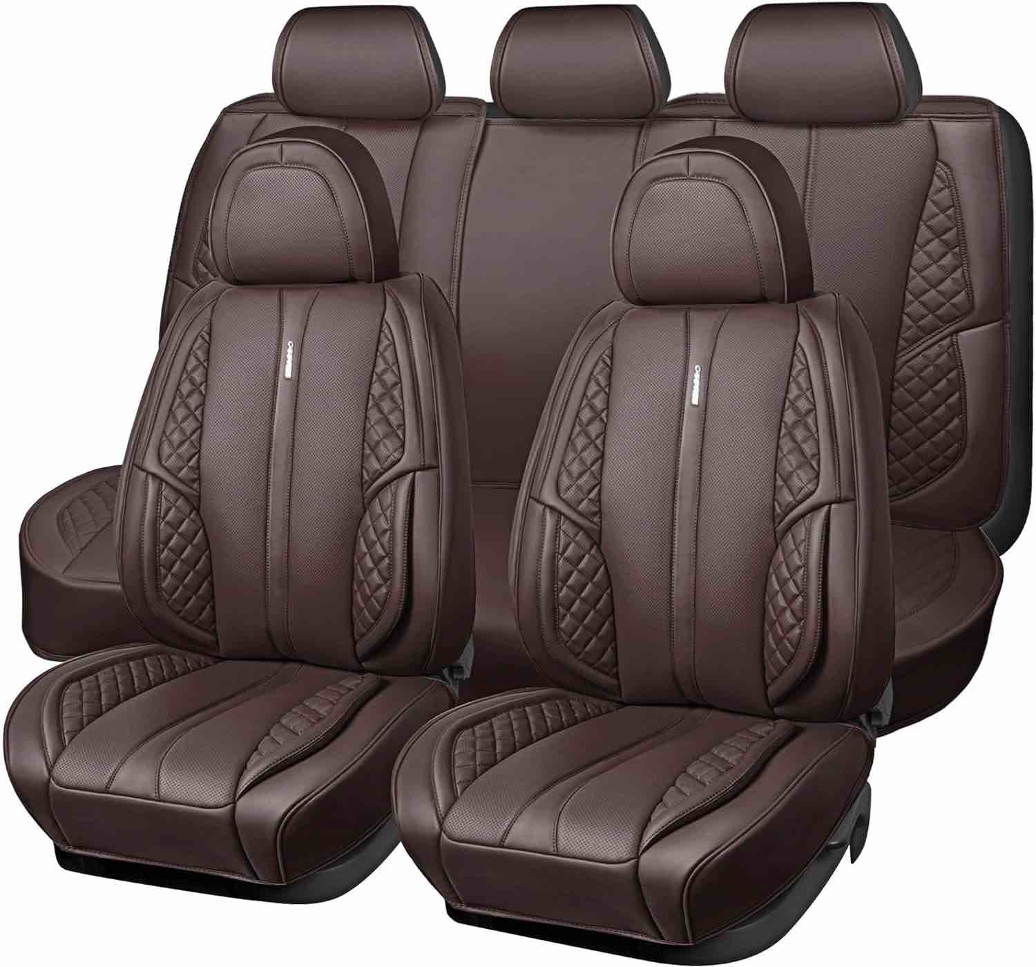 CAR PASS Nappa Leather Car Seat Covers Full Set Waterproof Protector Durable Cushioned,Universal Fit for Sedan SUV Pick-up Truck,Automotive, Anti-Slip Luxury Premium Deluxe (Full Set, Brown)