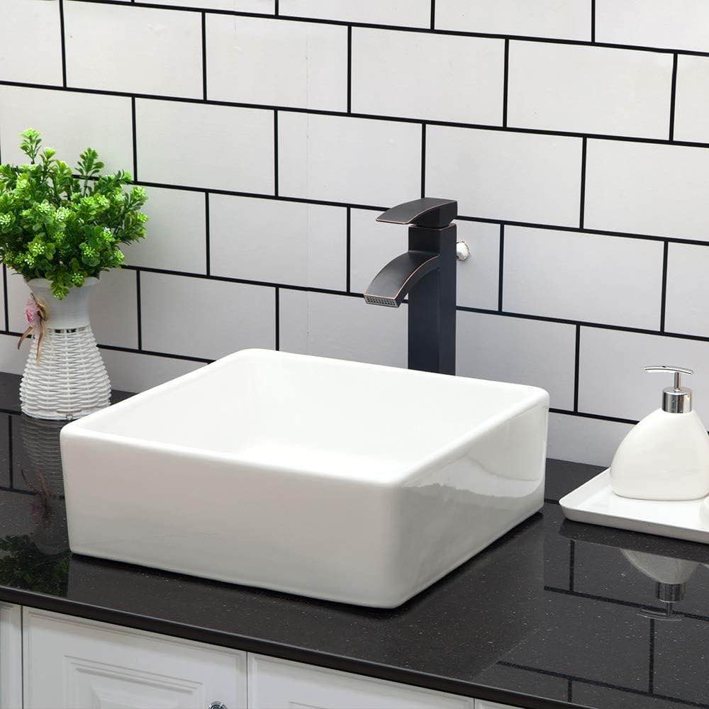 Kichae 15x15 Square Bathroom Vessel Sink Porcelain Ceramic White Vanity Sink Above Counter Modern Sink for Cabinet, Lavatory, Hotel Art Basin, Home Washing Basin 15"x15" White