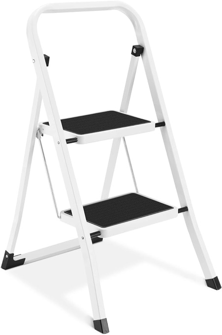 2 Step Ladder, Lightweight Folding Step Stools for Adults with Anti-Slip Pedal, Portable Sturdy Steel Ladder with Handrails, Perfect for Kitchen & Household, 330 lbs Capacity, White