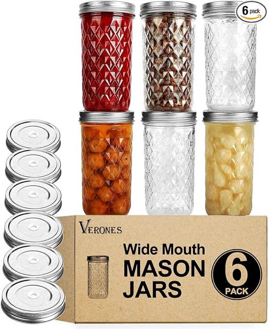 Wide Mouth Mason Jars 22 oz, VERONES 22 OZ Mason Jars Canning Jars Jelly Jars With Wide Mouth Lids, Ideal for Jam, Honey, Wedding Favors, Shower Favors, 6 PACK,EXTRA 6 Lids with Straw Hole